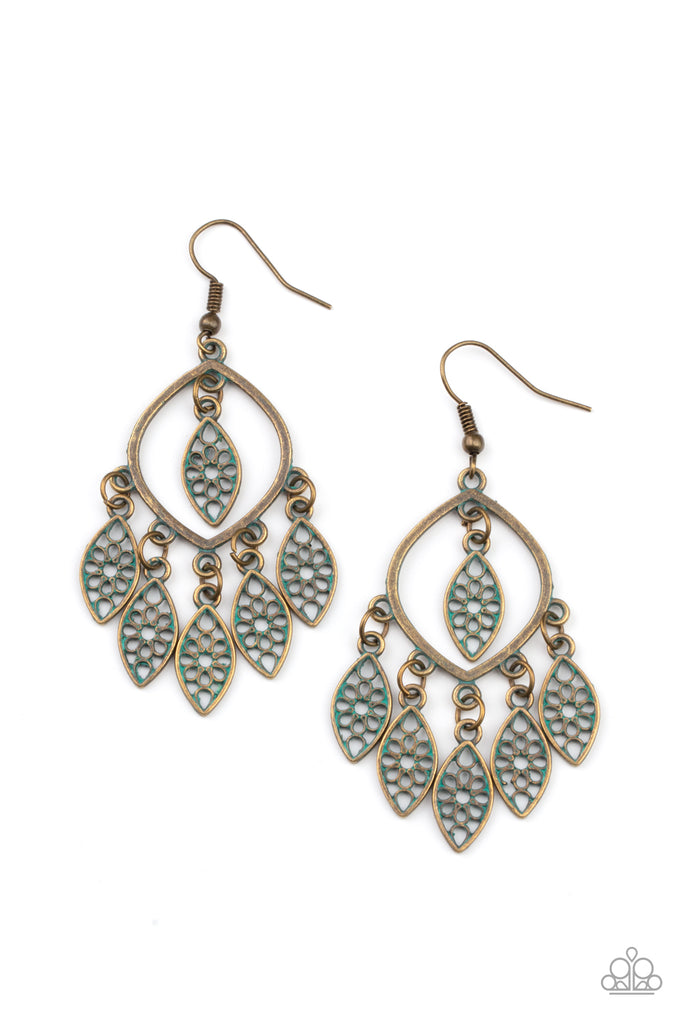 Brushed in a patina finish, dainty floral brass frames swing from the bottom and top of an airy brass frame, creating a rustic fringe. Earring attaches to a standard fishhook fitting.  Sold as one pair of earrings.