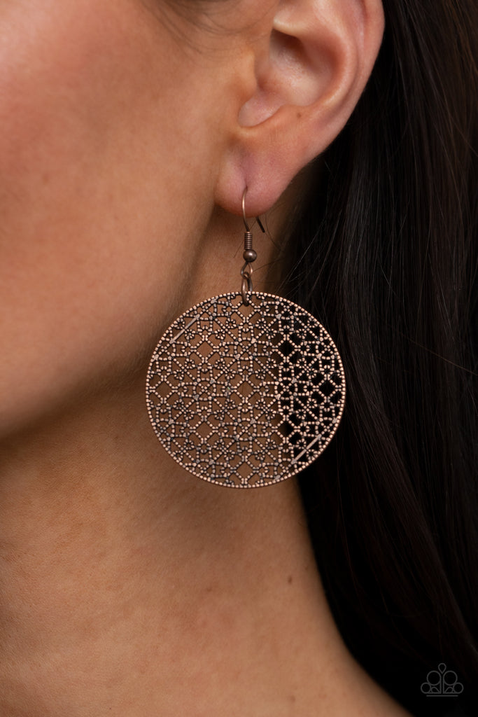 Studded copper filigree fills the inside of a rustic copper hoop, creating an airy mandala pattern. Earring attaches to a standard fishhook fitting.  Sold as one pair of earrings.  New Kit