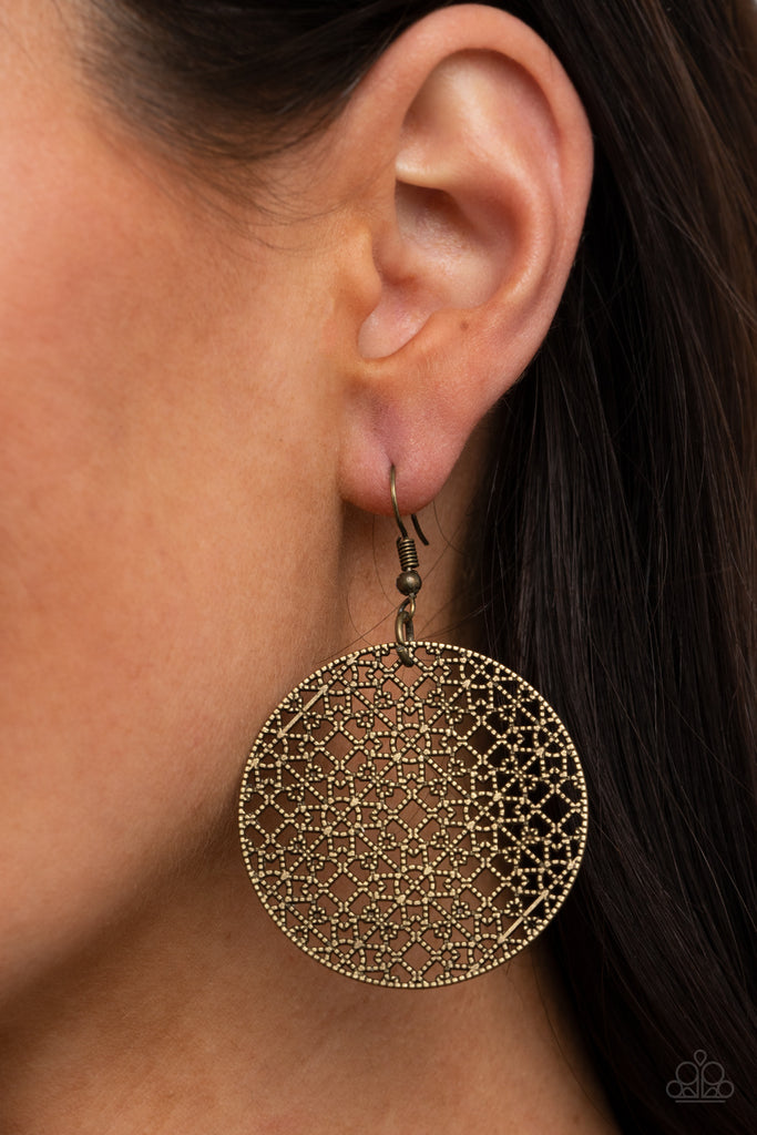 Studded brass filigree fills the inside of a rustic brass hoop, creating an airy mandala pattern. Earring attaches to a standard fishhook fitting.  Sold as one pair of earrings.  New Kit