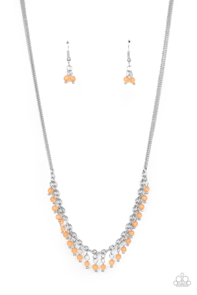 Dainty orange cat's eye stones dangle from a classic silver chain, creating a dewy fringe below the collar. Features an adjustable clasp closure.  Sold as one individual necklace. Includes one pair of matching earrings.