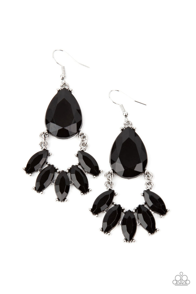 curved row of marquise cut black rhinestones attaches to the bottom of a dramatically oversized teardrop black rhinestone, coalescing into a glamorous lure. Earring attaches to a standard fishhook fitting.  Sold as one pair of earrings.