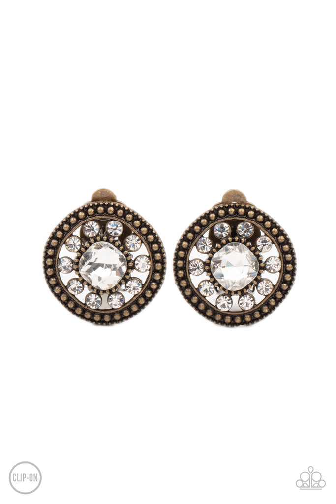 Dazzling Definition - Brass Clip-On Earring-Paparazzi - The Sassy Sparkle