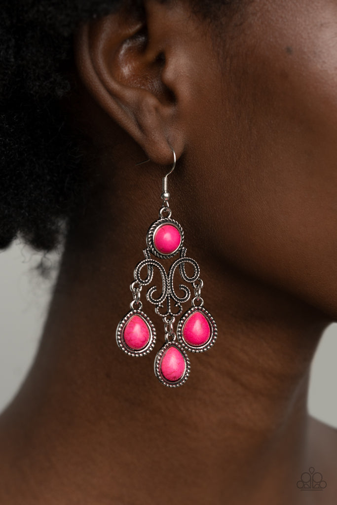 Canyon Chandelier - Pink Stone Earring-Paparazzi