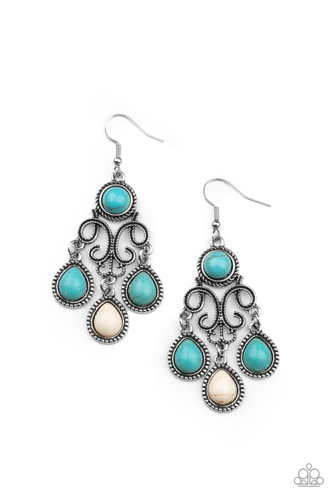 Refreshing turquoise and white stone dotted frames swing from the bottom of a filigree filled chandelier dotted with a matching turquoise stone, creating an earthy fringe. Earring attaches to a standard fishhook fitting.  Sold as one pair of earrings.