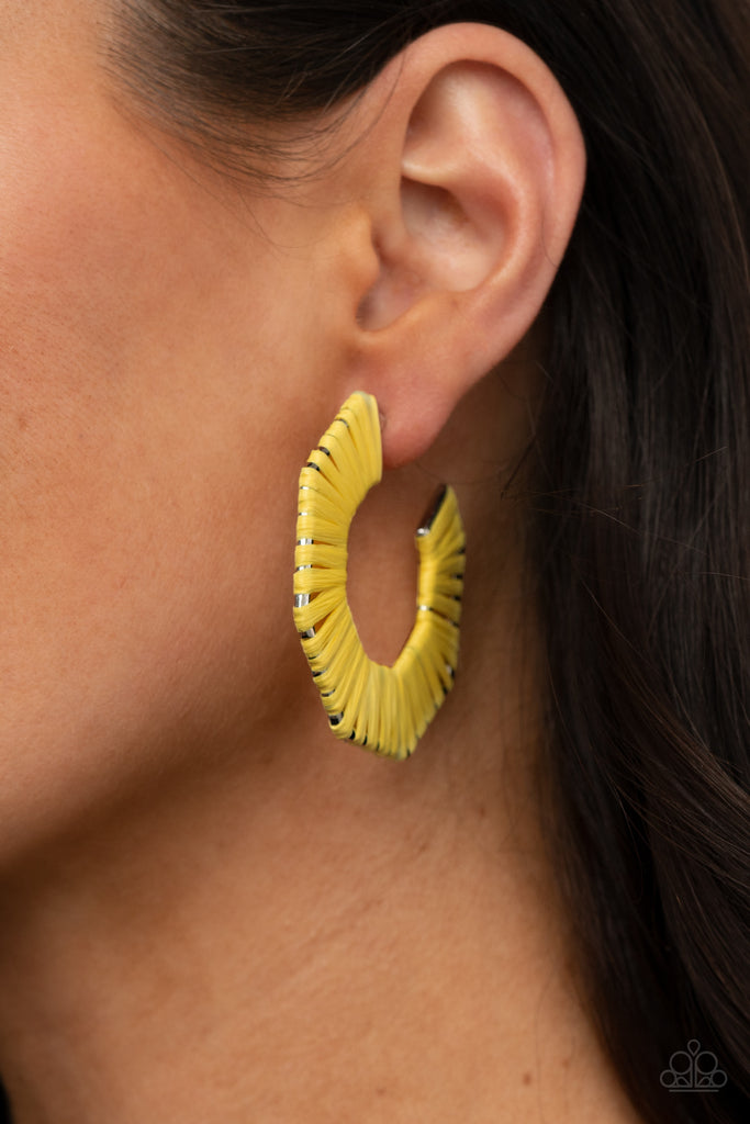 Illuminating wicker-like cording is wrapped around a hexagonal hoop, creating a colorful pop of color. Earring attaches to a standard post fitting. Hoop measures approximately 2" in diameter.  Sold as one pair of hoop earrings.  New Kit