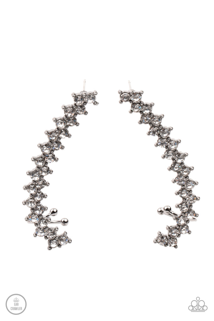 let-there-be-lightning-black Encased in studded gunmetal fittings, pairs of glassy white rhinestones stack into a zigzagging frame up the ear for an electrifying fashion. Features a dainty cuff attached to the top for a secure fit.  Sold as one pair of ear crawlers.