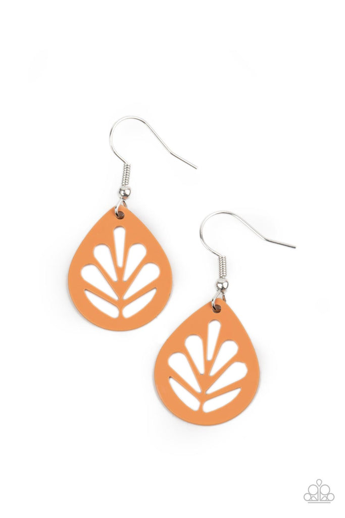 leaf-yourself-wide-open-orange Painted in a colorful Marigold finish, a dainty orange leaf frame is stenciled in airy cutouts for a whimsical seasonal fashion. Earring attaches to a standard fishhook fitting.  Sold as one pair of earrings.