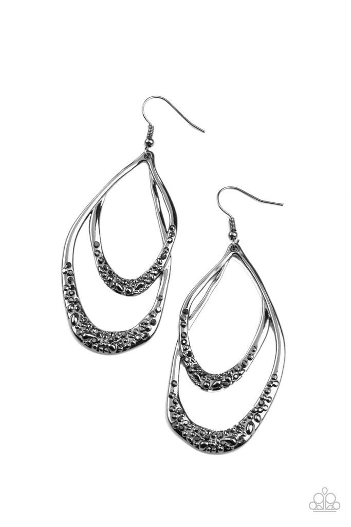 Dainty hematite rhinestones are encrusted along the bottom of warped gunmetal teardrop frames that overlap into a glittery lure. Earring attaches to a standard fishhook fitting.  Sold as one pair of earrings.
