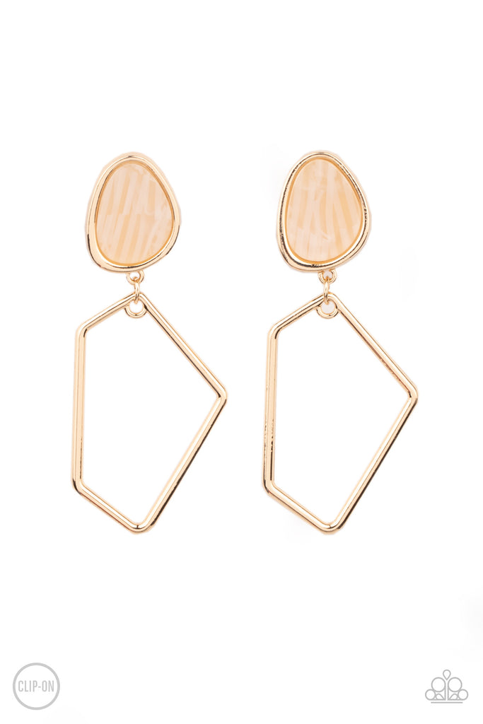 Encased in a classic gold fitting, an abstract faux stone fitting gives way to an airy geometric gold frame for a refined asymmetrical look. Earring attaches to a standard clip-on fitting.  Sold as one pair of clip-on earrings.