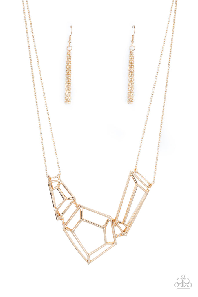 Glistening gold bars connect into edgy 3-dimensional frames below the collar, creating a bold geometric statement piece. Features an adjustable clasp closure.  Sold as one individual necklace. Includes one pair of matching earrings.