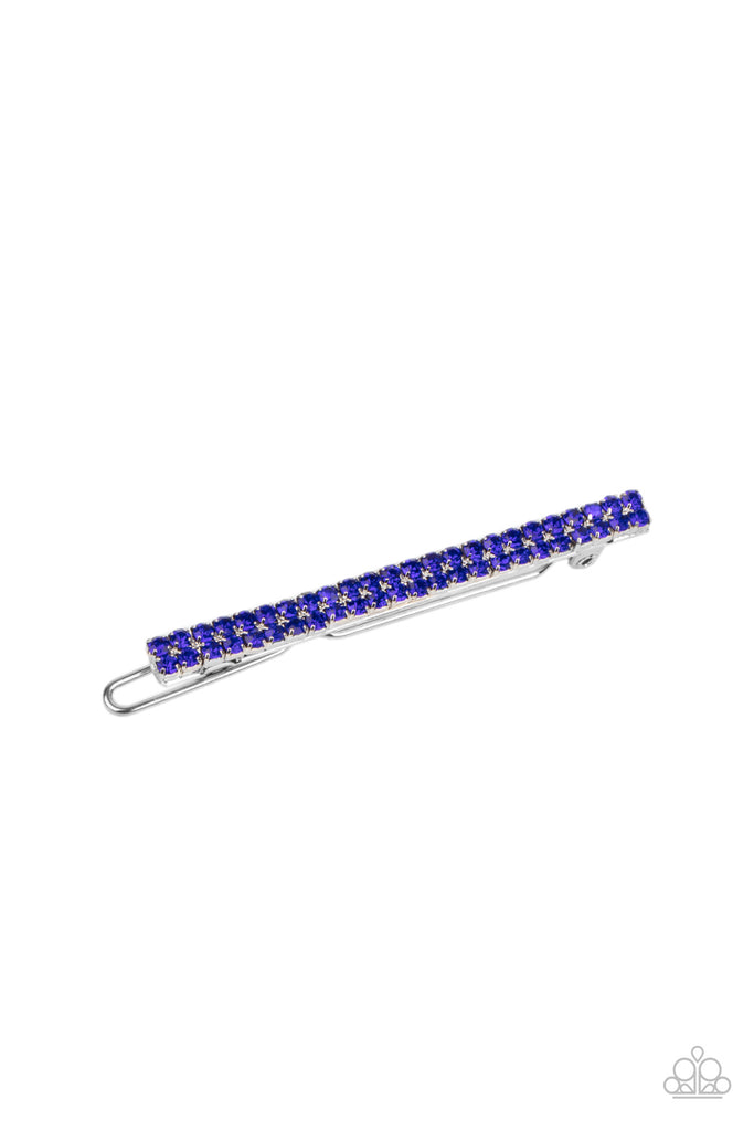 Two rows of glittery blue rhinestones are encrusted across the front of a silver frame, creating a glamorous display. Features a clamp barrette closure.  Sold as one individual hair clip.