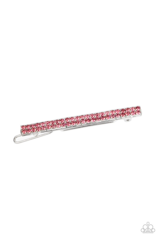 Two rows of glittery pink rhinestones are encrusted across the front of a silver frame, creating a glamorous display. Features a clamp barrette closure.  Sold as one individual hair clip.