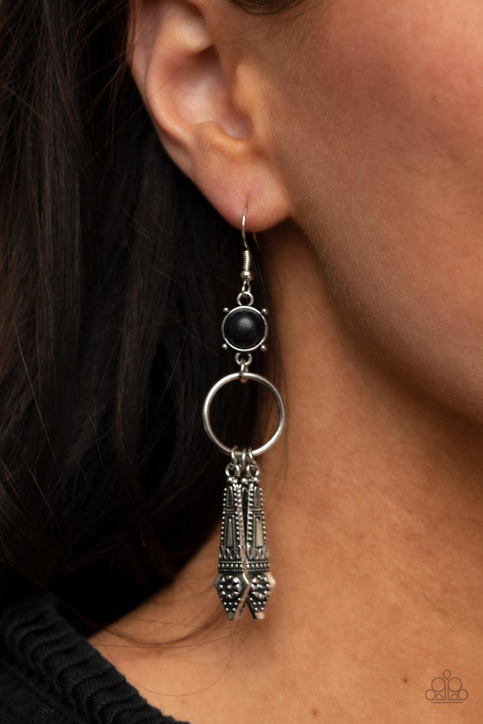 Embellished with dainty flowers, flared silver bars glide along the bottom of a dainty silver ring that attaches to a black stone fitting, creating a whimsical lure. Earring attaches to a standard fishhook fitting.  Sold as one pair of earrings.