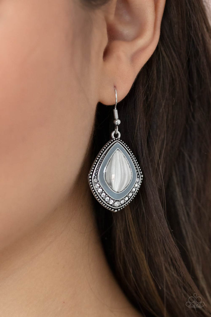 Painted in a shiny Ultimate Gray accent, the bottom of a studded silver frame is bordered in a dainty row of white rhinestones for a fearless finish. Earring attaches to a standard fishhook fitting.  Sold as one pair of earrings.
