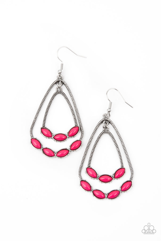 The bottoms of textured silver teardrop frames embellished in polished pink beads, creating vivaciously layered frames. Earring attaches to a standard fishhook fitting.  Sold as one pair of earrings.
