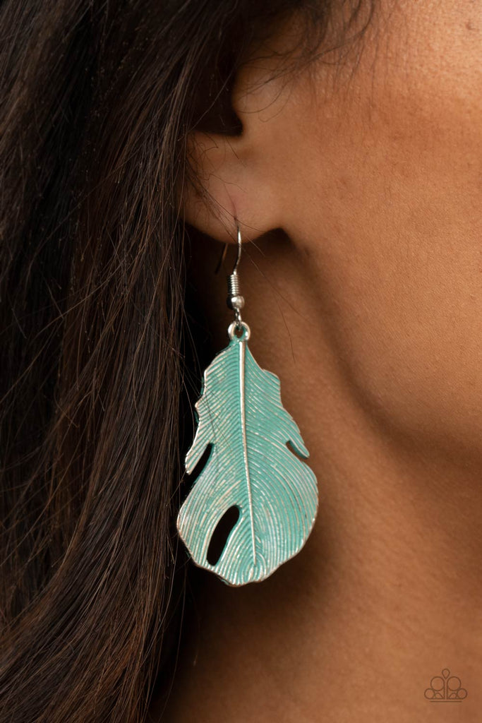 Brushed in a patina finish, a lifelike silver feather swings from the ear for a free-spirited fashion. Earring attaches to a standard fishhook fitting.  Sold as one pair of earrings.
