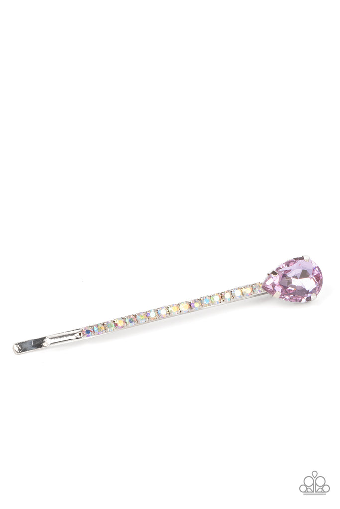 A purple teardrop gem adorns the corner of a bobby pin that is adorned in opalescent rhinestones for a glamorous finish.  Sold as one individual decorative bobby pin.