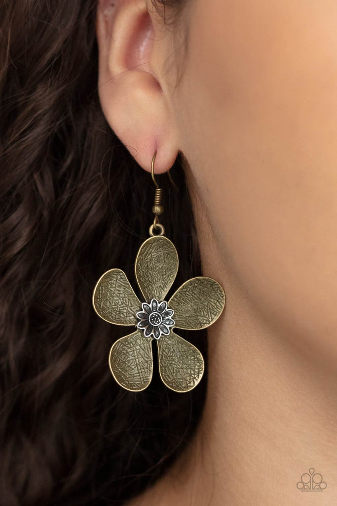 Rustically etched brass petals bloom from a silver floral adorned center, creating a whimsical display. Earring attaches to a standard fishhook fitting.  Sold as one pair of earrings.