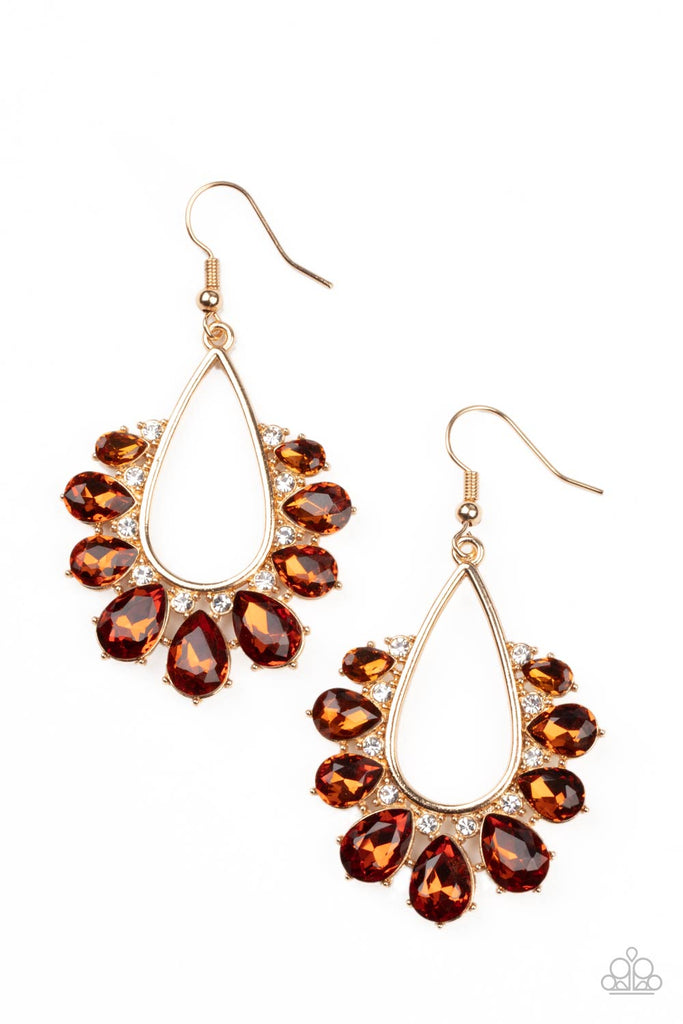 two-can-play-that-game-brown Gradually increasing in size, a glittery collection of topaz teardrop rhinestones fan out from a white rhinestone dotted gold teardrop frame, creating a sparkly statement. Earring attaches to a standard fishhook fitting.  Sold as one pair of earrings.