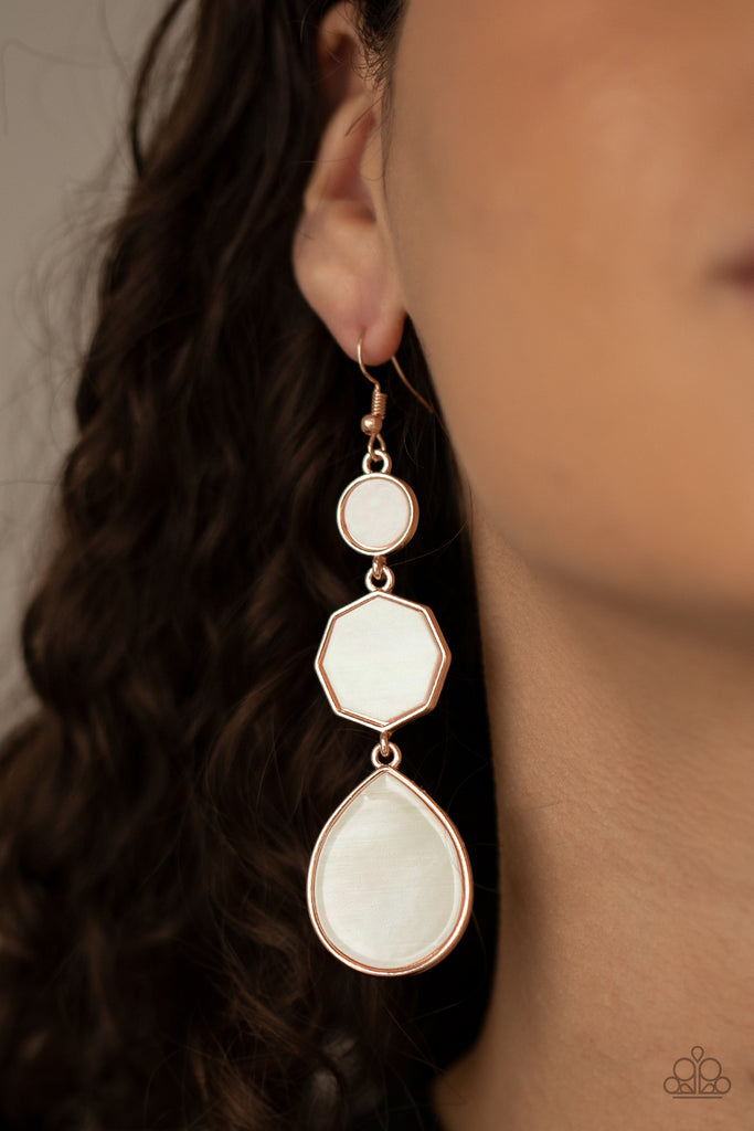 Featuring shiny rose gold fittings, a dainty collection of round, octagon, and teardrop shell-like frames link into a sleek lure. Earring attaches to a standard fishhook fitting.  Sold as one pair of earrings.