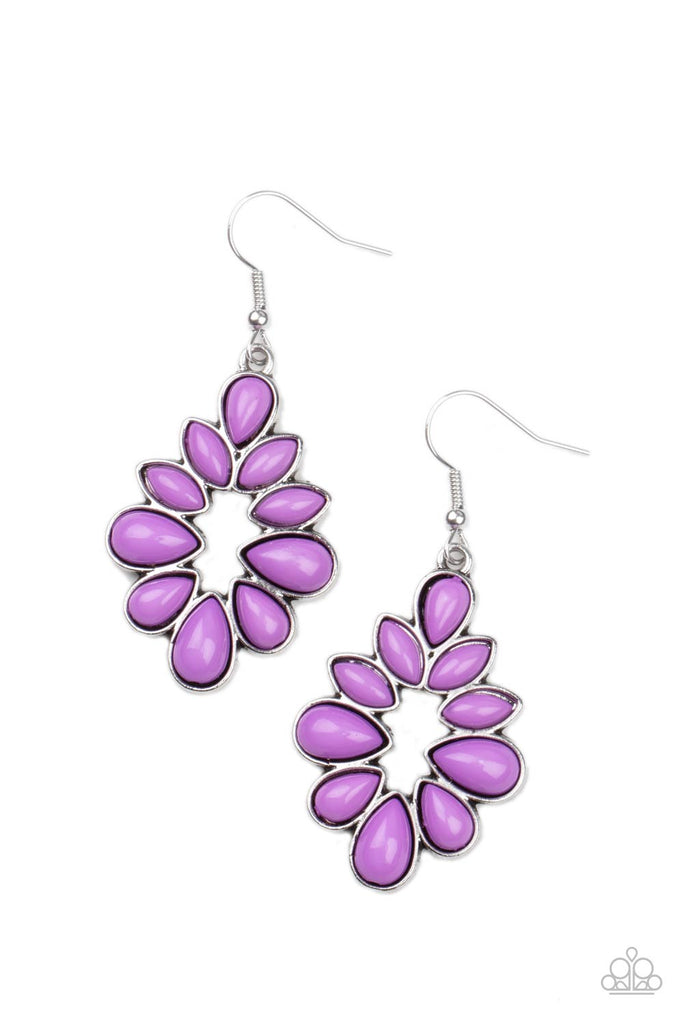 A bubbly collection of Amethyst Orchid teardrop and marquise shaped acrylic beads coalesce into a colorful frame. Earring attaches to a standard fishhook fitting.  Sold as one pair of earrings.