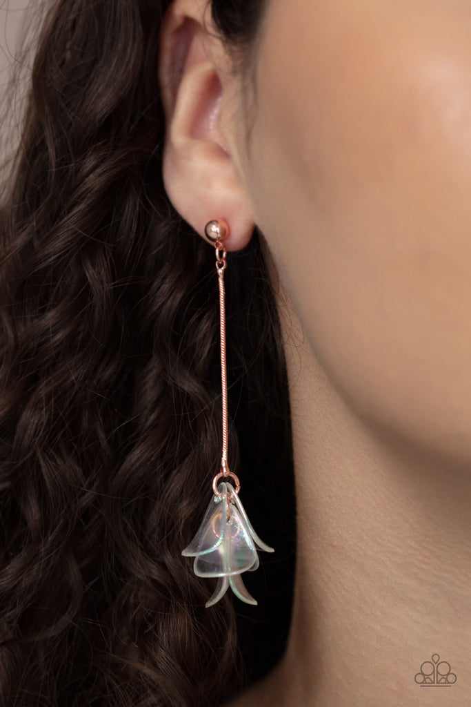 Iridescent acrylic petals delicately cluster at the bottom of a shiny copper chain, creating an ethereal tassel. Earring attaches to a standard post fitting.  Sold as one pair of post earrings.