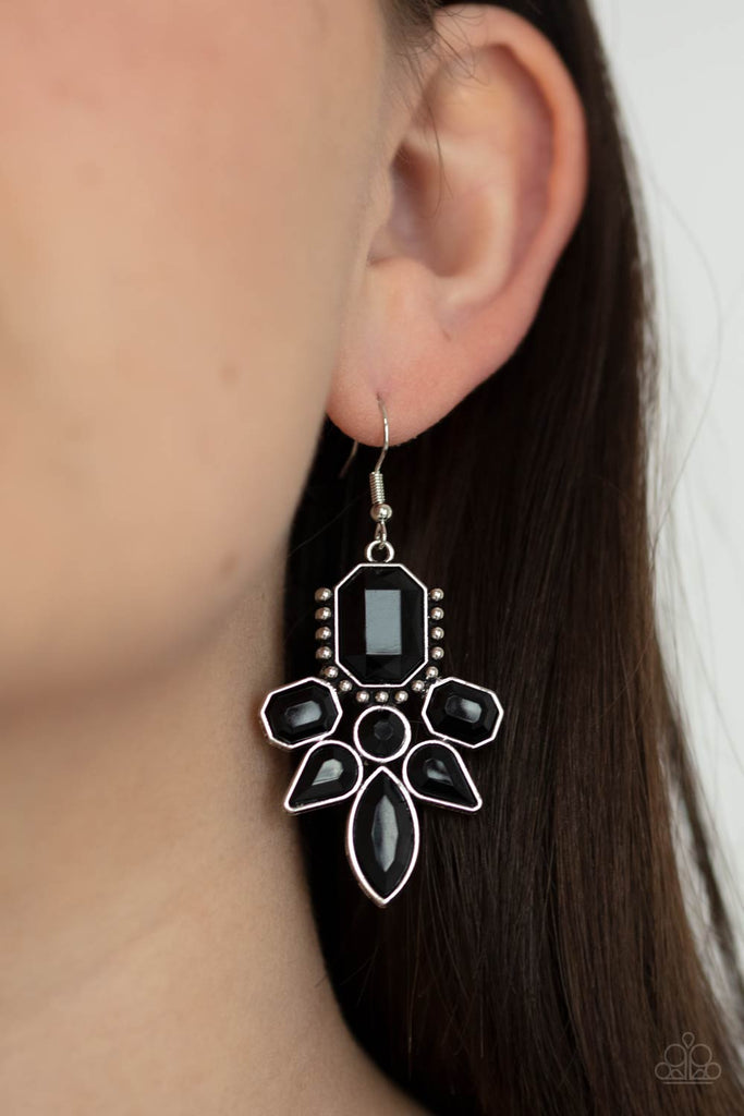 Featuring regal emerald, classic round, and tranquil teardrop shapes, a faceted collection of black rhinestones coalesce into a glamorous frame. Earring attaches to a standard fishhook fitting.  Sold as one pair of earrings.