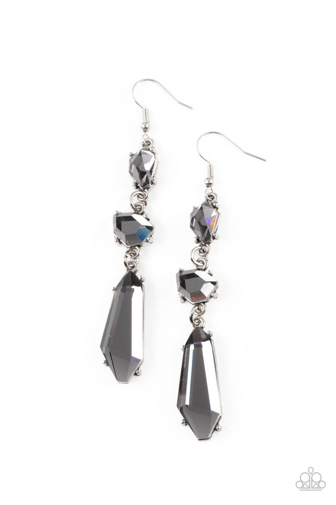 sophisticated-smolder-silver  Featuring raw cuts, an asymmetrical collection of faceted smoky gems trickles from the ear, creating a smoldering chandelier. Earring attaches to a standard fishhook fitting.  Sold as one pair of earrings.