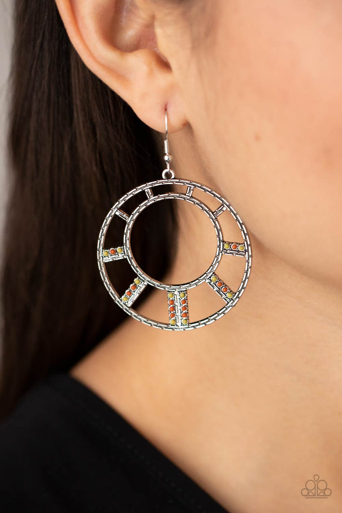 Stacks of dainty Rust and Willow beads flare out from a textured silver frame, creating a colorful sunburst pattern. Earring attaches to a standard fishhook fitting.  Sold as one pair of earrings.