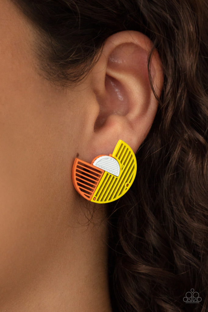 Featuring airy stenciled linear patterns, overlapping yellow and orange crescent shaped frames gather around a dainty white crescent frame, creating a modern display. Earring attaches to a standard post fitting.  Sold as one pair of post earrings.