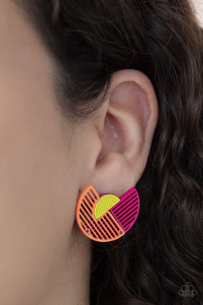 Featuring airy stenciled linear patterns, overlapping pink and orange crescent shaped frames gather around a dainty yellow crescent frame, creating a modern display. Earring attaches to a standard post fitting.  Sold as one pair of post earrings.  New Kit
