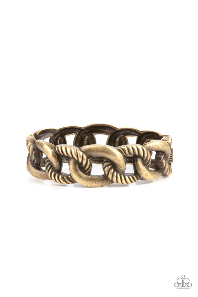 Featuring plain and textured finishes, chunky brass links interconnect into an edgy bangle-like cuff. Features a hinged closure.  Sold as one individual bracelet.