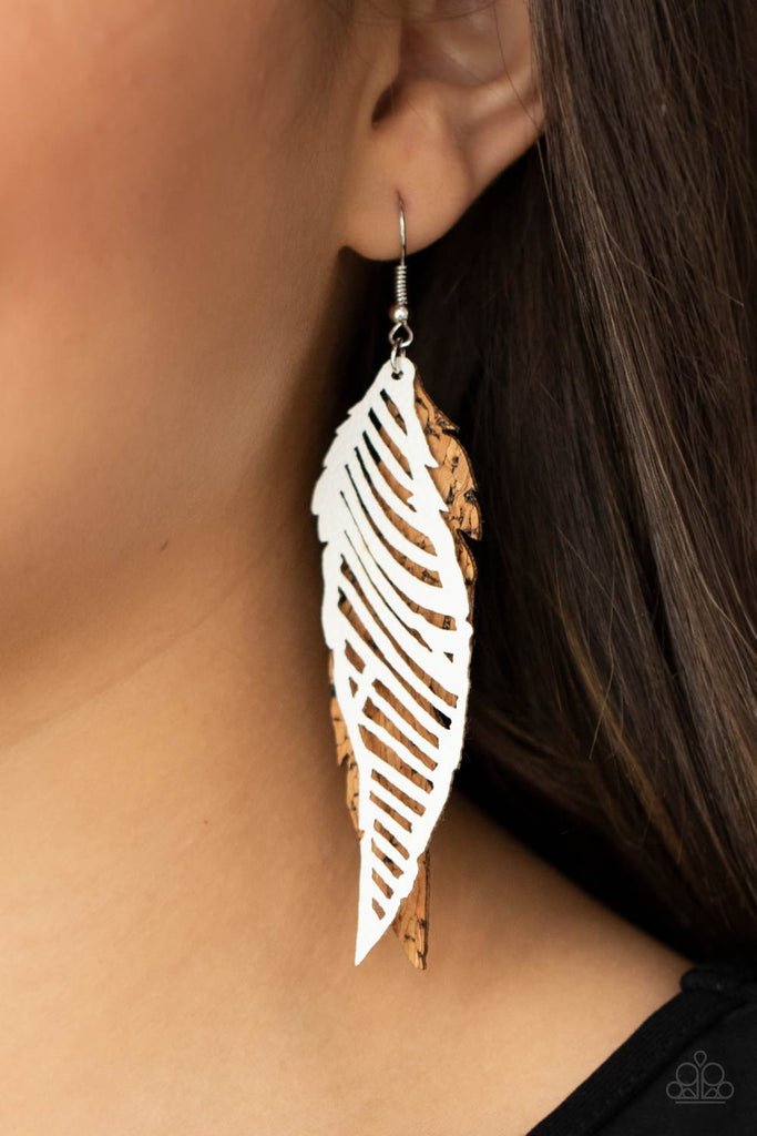 A mismatched collection of cork and white leather feather frames flutter from the ear, layering into a free-spirited lure. Earring attaches to a standard fishhook fitting.  Sold as one pair of earrings.  