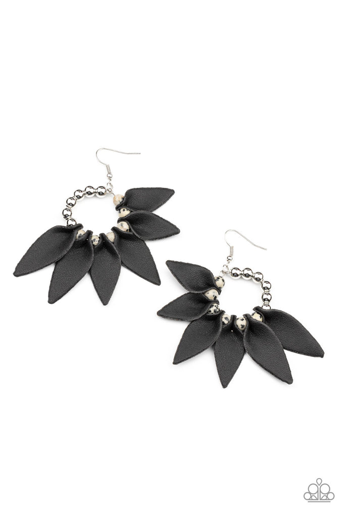 Flower Child Fever - Black Leather Earring-Paparazzi