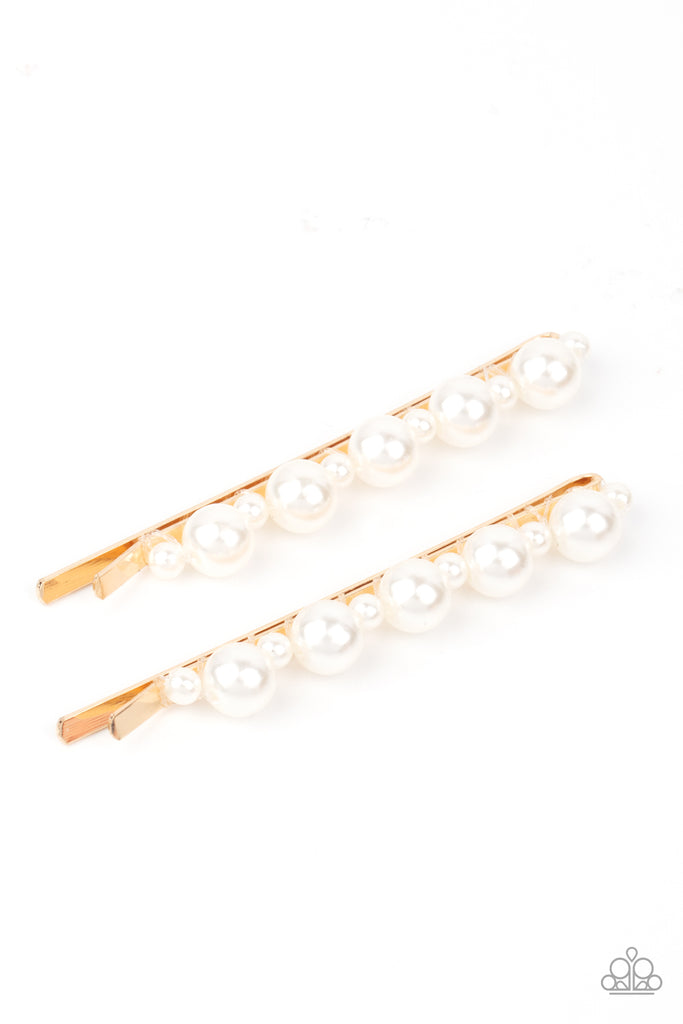 Put A Pin In It - Gold Pearl Hair Clip-Paparazzi