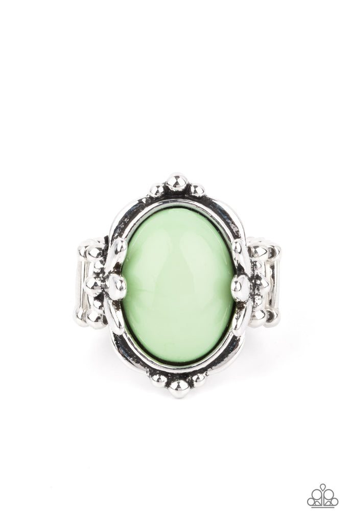 Featuring leafy silver fittings, a bubbly Green Ash bead is pressed into the center of a studded silver frame for a trendy pop of color. Features a stretchy band for a flexible fit.  Sold as one individual ring.  New Kit