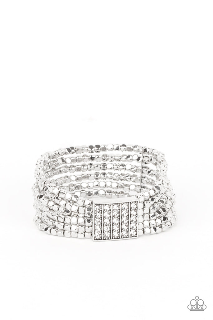 Held in place by a square centerpiece encrusted in row after row of dazzling rhinestones, a dainty collection of silver cube beads are threaded along stretchy bands around the wrist, creating shimmery layers.  Sold as one individual bracelet.