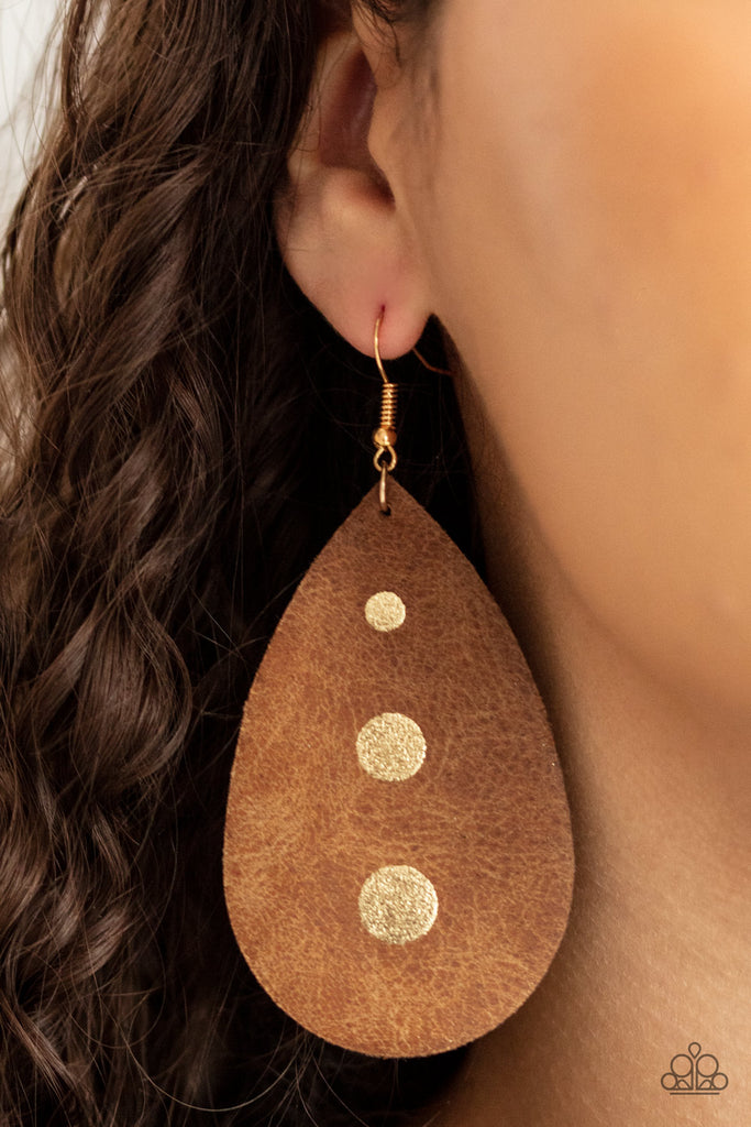 Rustic Torrent - Gold Earring-Leather-Paparazzi - The Sassy Sparkle