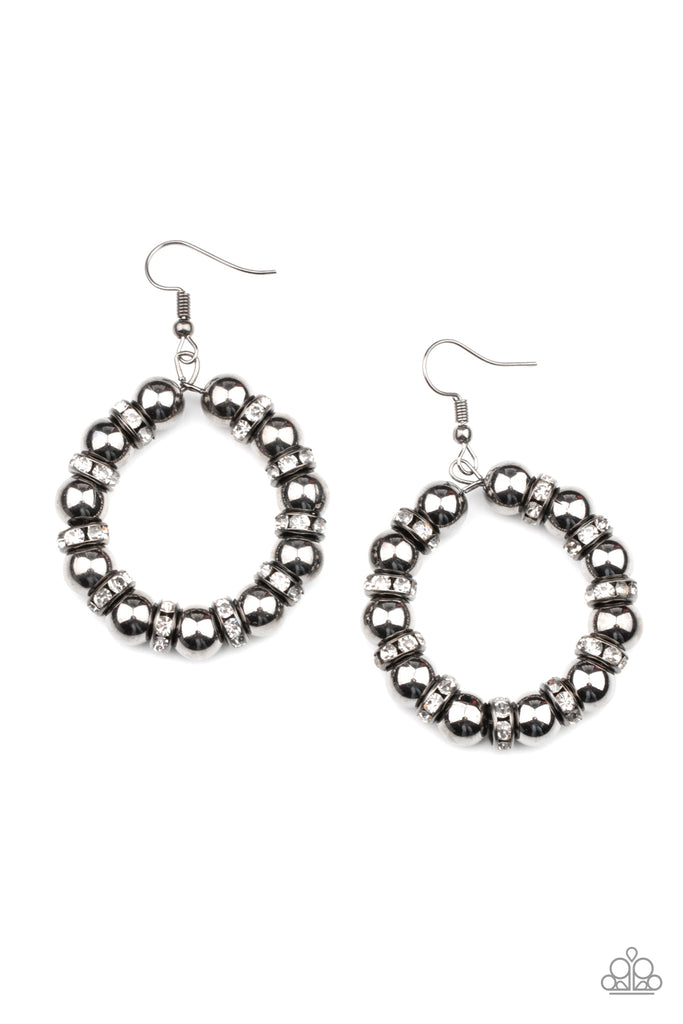 encrusted gunmetal rings alternate along a dainty wire hoop, creating a glamorous display. Earring attaches to a standard fishhook fitting.  Sold as one pair of earrings.  