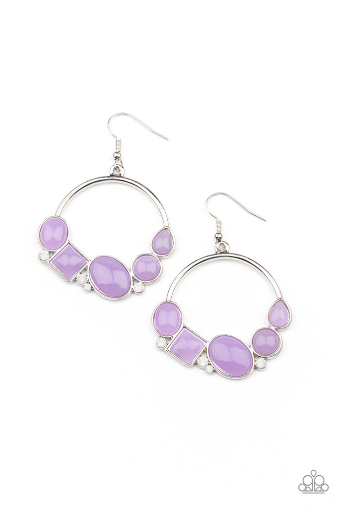 beautifully-bubblicious-purple Dainty opalescent white rhinestones are sprinkled between dewy oval, square, and circular purple beads along the bottom of a silver hoop, creating a bubbly pop of color. Earring attaches to a standard fishhook fitting.  Sold as one pair of earrings.  