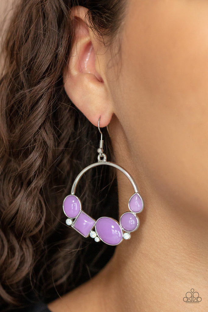 beautifully-bubblicious-purple Dainty opalescent white rhinestones are sprinkled between dewy oval, square, and circular purple beads along the bottom of a silver hoop, creating a bubbly pop of color. Earring attaches to a standard fishhook fitting.  Sold as one pair of earrings. 