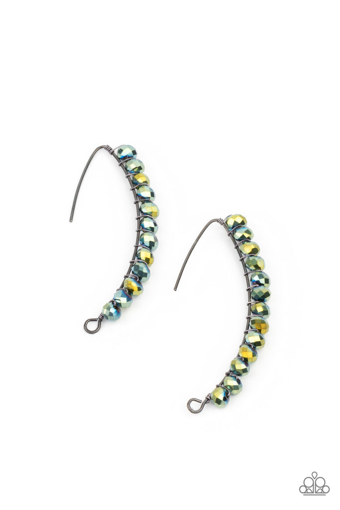 A glittery collection of iridescent flecked metallic blue rhinestones are fitted in place along a curved gunmetal wire, creating a glamorous hanging post. Earring attaches to a standard hanging post fitting.  Sold as one pair of post earrings.