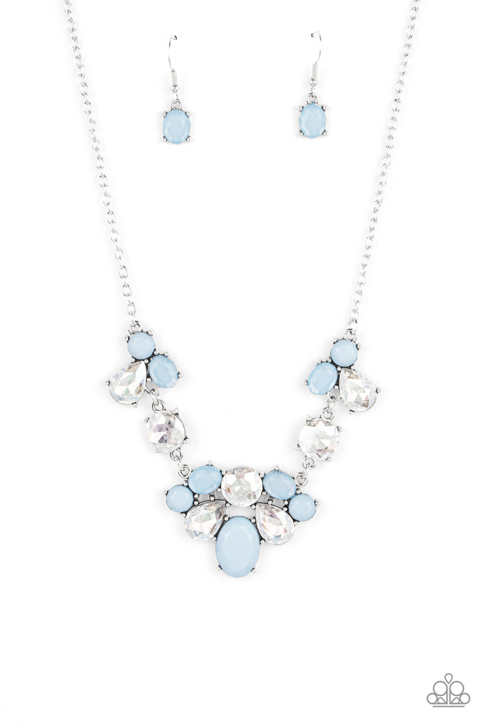 ethereal-romance-blue Varying in opacity and shape, mismatched Cerulean beads attach to oversized white rhinestones, creating bubbly frames that delicately link into an ethereal display below the collar. Features an adjustable clasp closure.  Sold as one individual necklace. Includes one pair of matching earrings.