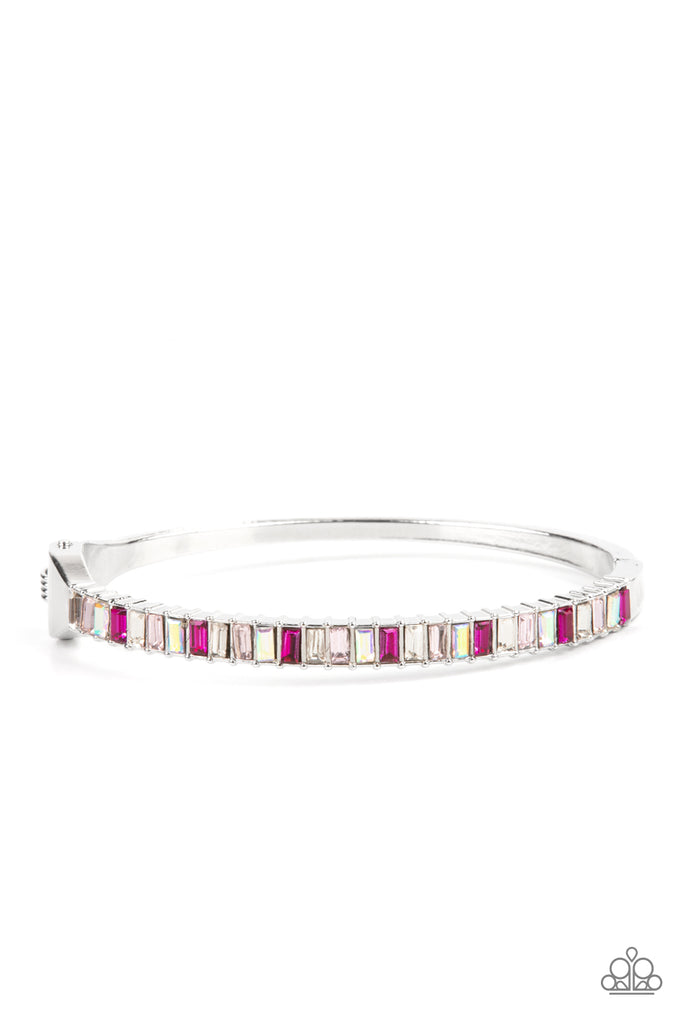 toast-to-twinkle-pink  Featuring regal emerald style cuts, a dainty row of pink and white rhinestones are encrusted across the front of a silver cuff-like bangle for a timeless fashion. Features a hinged closure.  Sold as one individual bracelet.  also available in Purple and Blue  