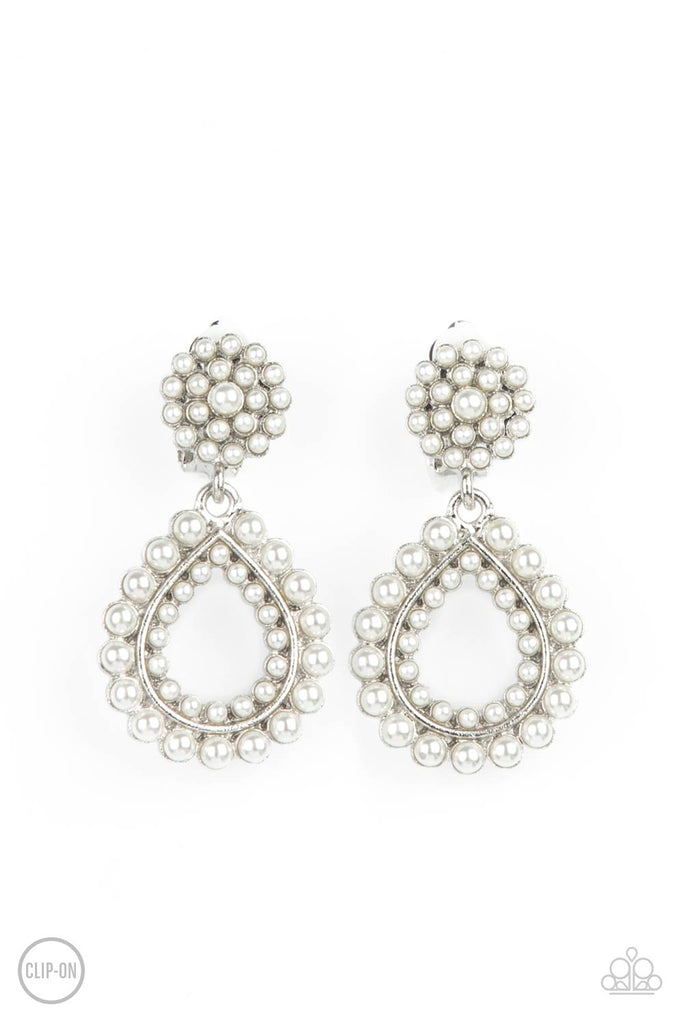 discerning-droplets-white Droplets of pearls dot the surface of a silver teardrop frame that suspends from a round pearl encrusted disc for a classic finish. Earring attaches to a standard clip-on fitting.  Sold as one pair of clip-on earrings.
