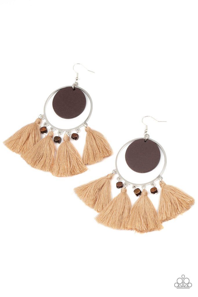 Yacht Bait - Brown Wood and Tassel Earring-Paparazzi