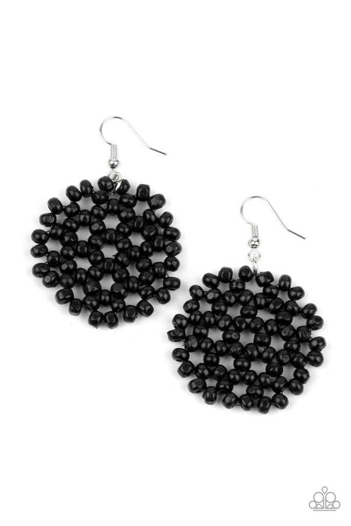 Clusters of dainty black wooden beads are threaded along invisible wire, creating a vivacious floral pattern frame for a summery flair. Earring attaches to a standard fishhook fitting.  Sold as one pair of earrings.