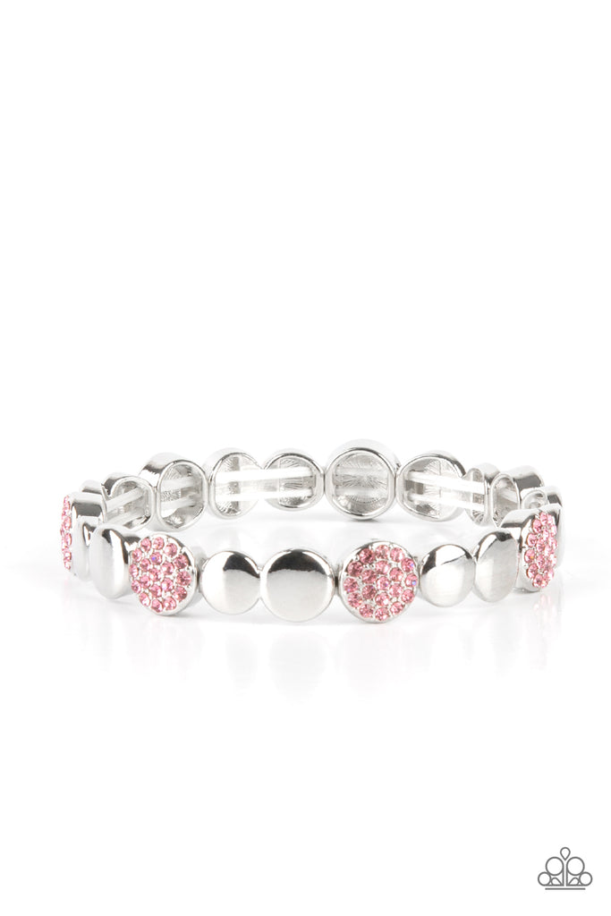 dimensional-dazzle-pink  Glittery pink rhinestone encrusted frames and joined pairs of silver discs are threaded along stretchy bands around the wrist, creating a bubbly centerpiece.  Sold as one individual bracelet.  also available in BROWN with champagne colored rhinestones