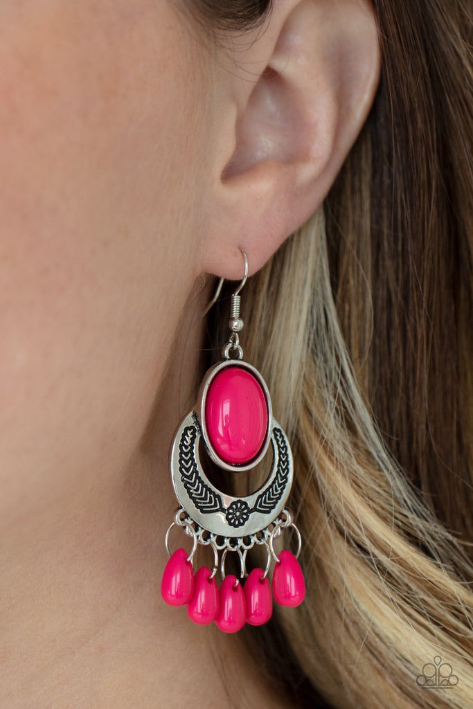 Raspberry Sorbet teardrop beads dance from the bottom of a half-moon silver frame stamped in floral detail, creating a flirty fringe. An oversized Raspberry Sorbet oval bead crowns the top of the frame for a powerful pop of color. Earring attaches to a standard fishhook fitting.  Sold as one pair of earrings.