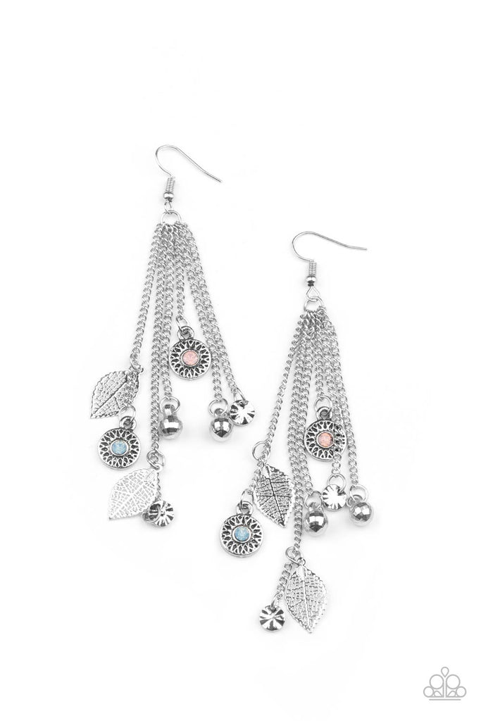 Dewy pink and Cerulean rhinestone dotted frames, airy silver leaves, silver disco ball-like beads stream from the bottoms of dainty silver chains, creating a whimsically tasseled display. Earring attaches to a standard fishhook fitting.  Sold as one pair of earrings.